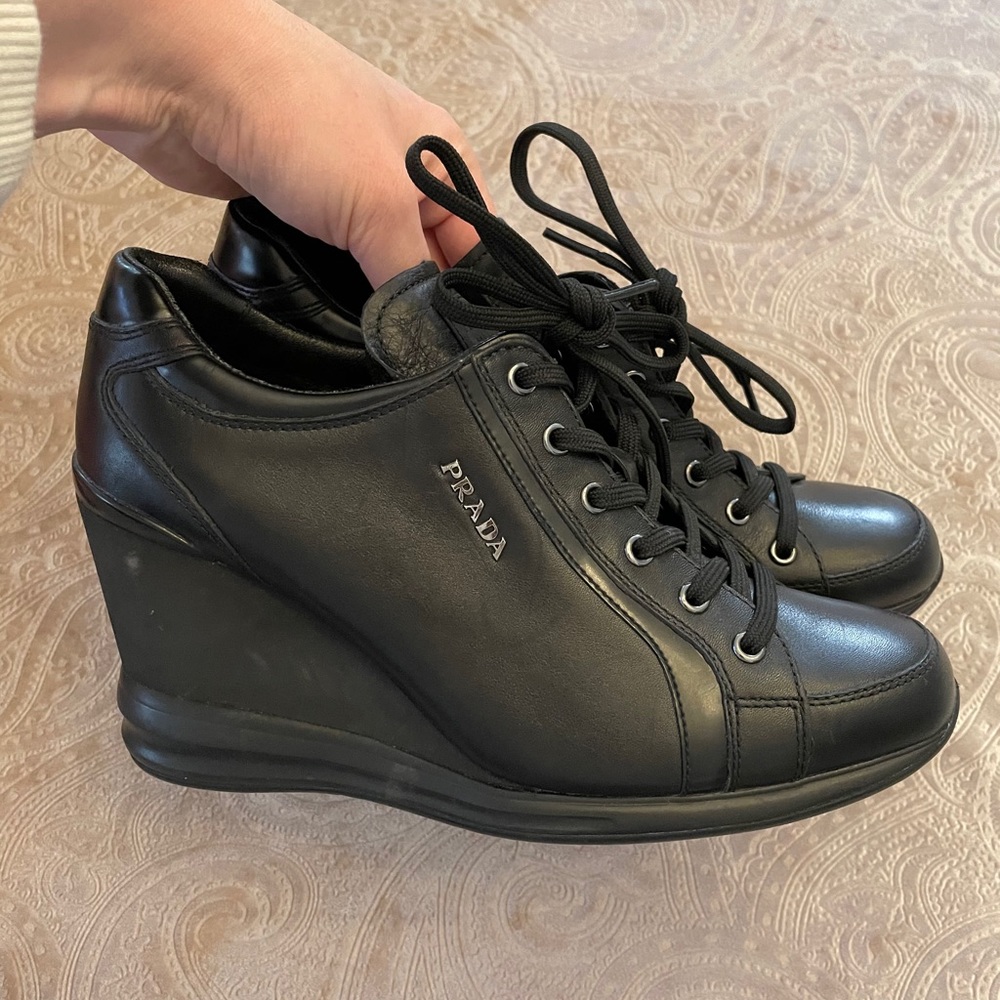 Prada Milano Wedge lace up Sneakers, Black - Picture 1 of 12
